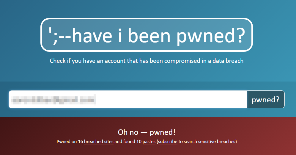 "Have I been Pwned" search results