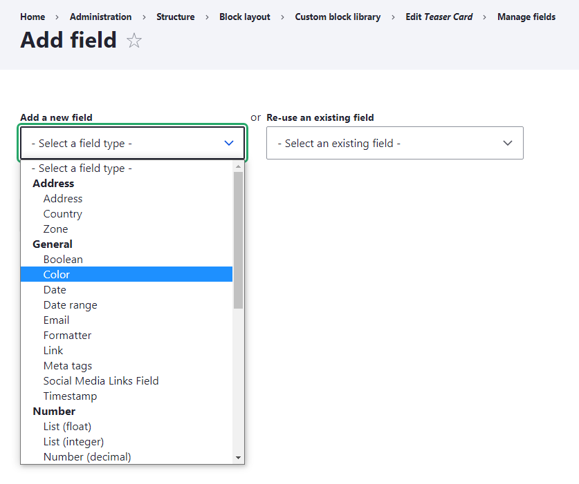 Depicts the interface for adding a color field to our custom block type.