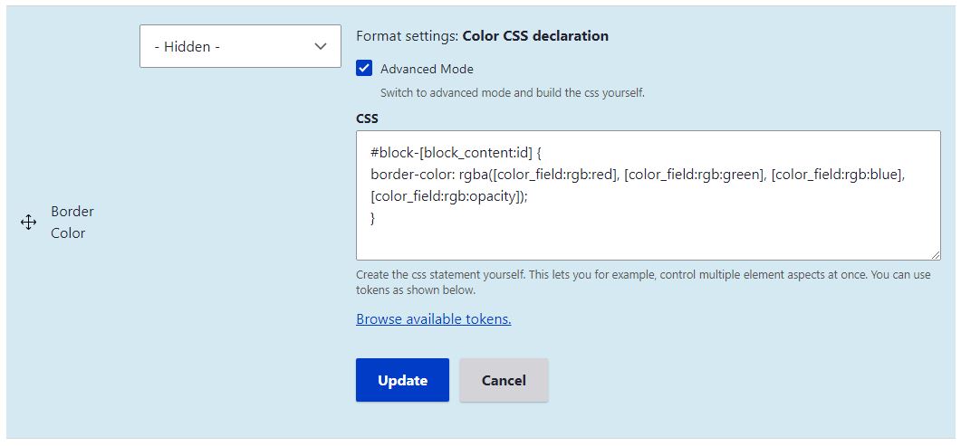 The "color css declaration" formatter allows us to write our own CSS using color field values.