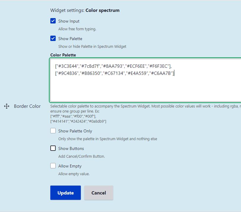 Widget settings for the color field using the 'spectrum' widget allow us to define a color palette.