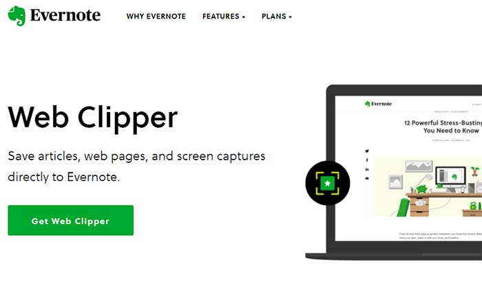 Screen capture of evernote.com showing their web clipper product