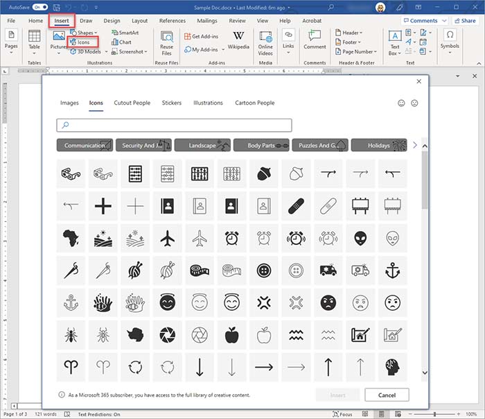 View of Word's Insert tab with Icons highlighted