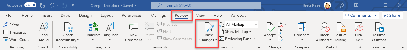 Upper menu ribbon of MS Word with Track Changes highlighted