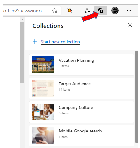 Screenshot of Creating a Collection of Webpages in MS Edge
