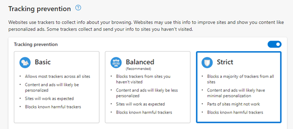 Picture of Tracking Prevention Options Available in MS Edge