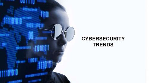 Digital image overlaid on woman's face with the words Cybersecurity Trends