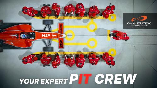 Bird's eye view of a pit crew around a Formula 1 racecar