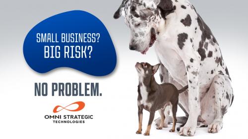 Image by Omni Strategic Technologies featuring a large Great Dane and a small Chihuahua with a speech bubble saying 'Small Business? Big Risk? No Problem.'