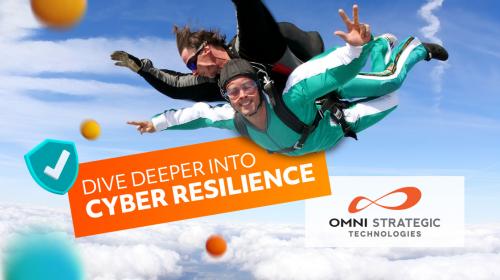 Two people skydiving with a clear blue sky in the background, surrounded by floating orange balls. Text reads "Dive deeper into Cyber Resilience" alongside the logo of Omni Strategic Technologies.