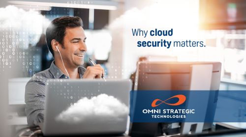 A person wearing a headset sits at a desk with multiple monitors, one displaying the logo of Omni Strategic Technologies, with a digital cloud and binary code graphics overlay. Text reads, "Why cloud security matters."