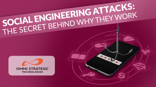 Graphic from Omni Strategic Technologies discussing social engineering attacks, featuring an illustration of a smartphone with a fish hook on its screen.