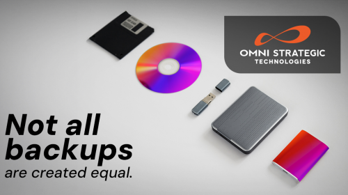 Ad 14-1200x627 BLOG 1.png Assorted data storage devices including a floppy disk, CD, USB flash drive, and an external hard drive, arranged around an 'Omni Strategic Technologies' logo, with the text 'Not all backups are created equal.'