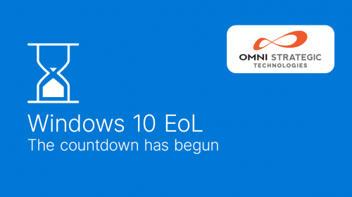 Graphic announcing Windows 10 End of Life with an hourglass icon and the text 'The countdown has begun.' Includes Omni Strategic Technologies logo.