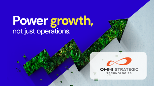 Promotional graphic for Omni Strategic Technologies featuring the slogan 'Power growth, not just operations.' The image includes an upward-pointing green arrow composed of lush foliage set against a white and blue geometric background. The company's logo is displayed in the lower right corner.