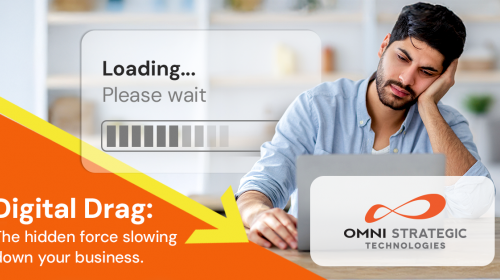 An individual looking frustrated while waiting for a slow laptop to load. The screen displays a loading bar with the text 'Please wait.' Promotional graphic for Omni Strategic Technologies with the tagline 'Digital Drag: The hidden force slowing down your business.'