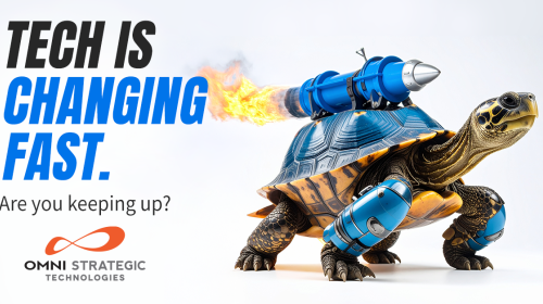 An advertisement by Omni Strategic Technologies featuring a tortoise with a rocket engine and technology elements on its shell, accompanied by the text 'Tech is changing fast. Are you keeping up?'