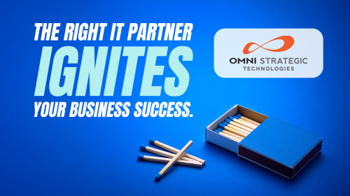 Promotional image for Omni Strategic Technologies featuring the slogan "The right IT partner ignites your business success," with a visual metaphor of an open matchbox and loose matches against a blue background.