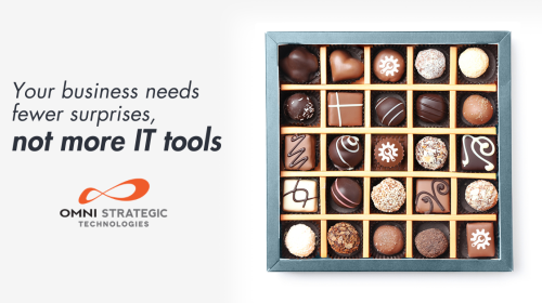 A box of assorted chocolates is displayed on the right. On the left, there is text that reads, "Your business needs fewer surprises, not more IT tools." Below the text is the Omni Strategic Technologies logo.