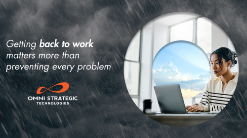 A person working on a laptop is shown in an office with a window displaying a bright sky. Surrounding them are gray clouds suggesting rain. The text reads, "Getting back to work matters more than preventing every problem." The logo of Omni Strategic Technologies is included.