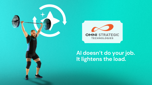 An individual is lifting a barbell overhead on the left side of the image. The background is teal with a graphic of rotating arrows and a sparkle symbol. On the right, the Omni Strategic Technologies logo is displayed. The text reads, "AI doesn't do your job. It lightens the load."