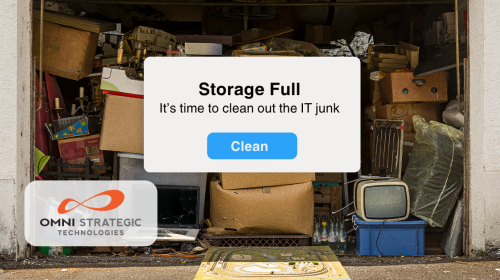 A cluttered garage packed with boxes, old electronics, and assorted items. Overlaying the image is a digital notification saying "Storage Full. It's time to clean out the IT junk," with a button labeled "Clean." The Omni Strategic Technologies logo is visible in the bottom left corner.