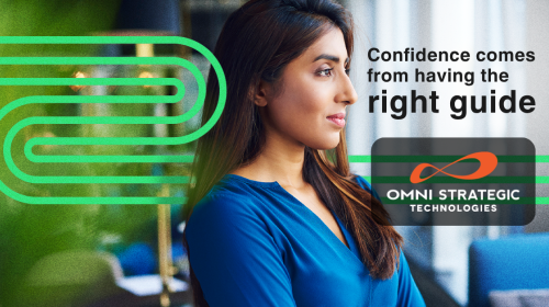 A person in a blue shirt looks thoughtfully to the side. The background features green decorative lines. Text reads, "Confidence comes from having the right guide." The Omni Strategic Technologies logo is visible.